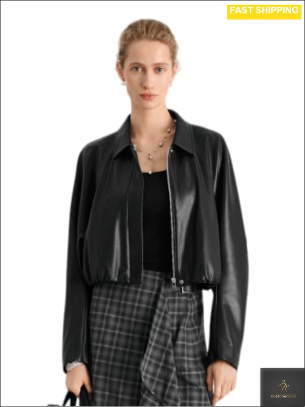 Women's Faux Leather Cropped Jacket Elastic Hem Long Sleeve Coat